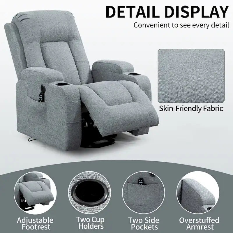 Power Lift Recliner - 8-Point Massage, Lumbar Heat, USB Port, Cup Holders, 155° Recline, 39.76"L x 35.82"W