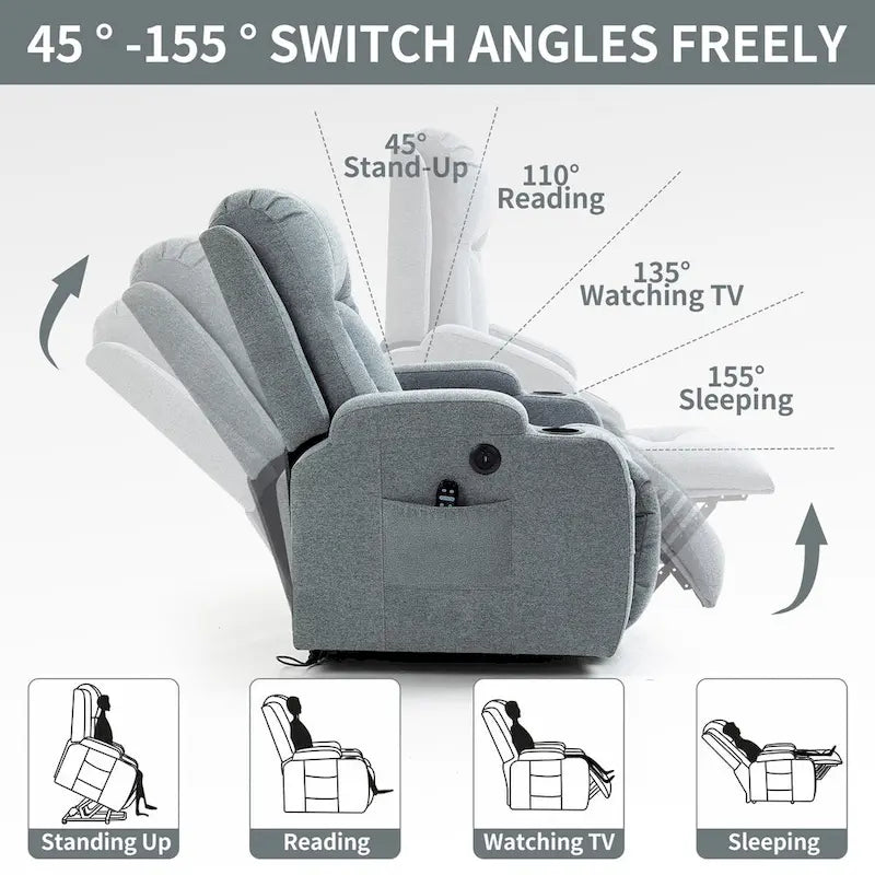 Power Lift Recliner - 8-Point Massage, Lumbar Heat, USB Port, Cup Holders, 155° Recline, 39.76"L x 35.82"W