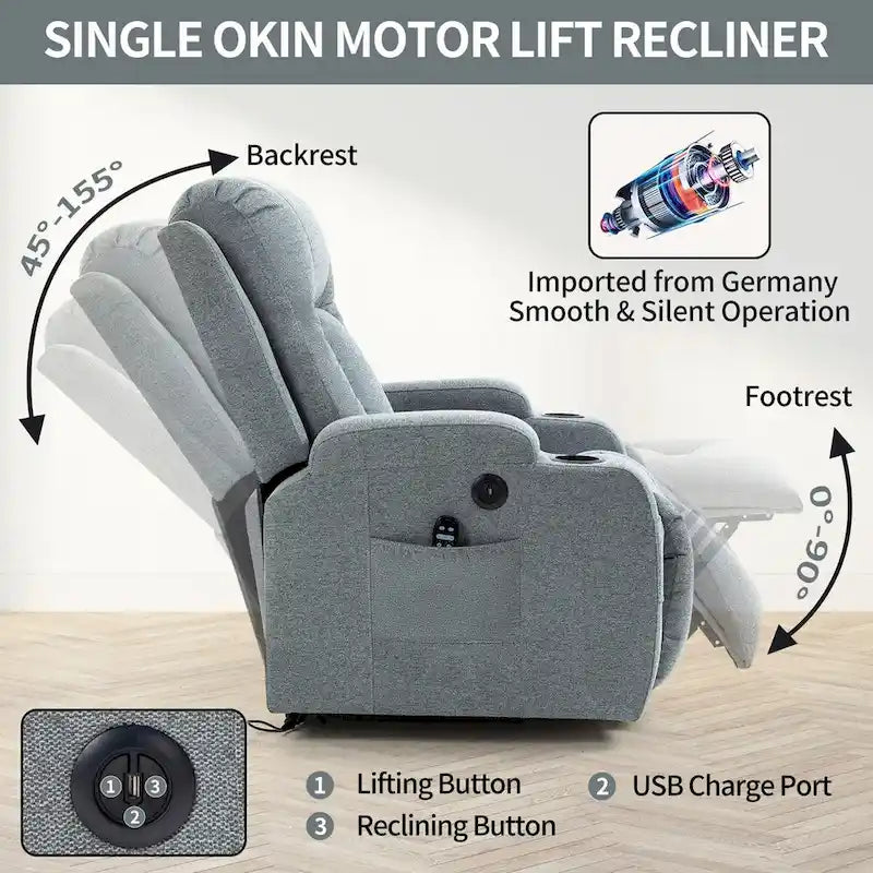 Power Lift Recliner - 8-Point Massage, Lumbar Heat, USB Port, Cup Holders, 155° Recline, 39.76"L x 35.82"W