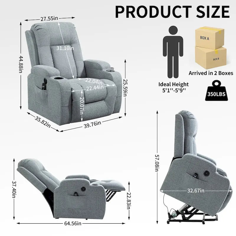 Power Lift Recliner - 8-Point Massage, Lumbar Heat, USB Port, Cup Holders, 155° Recline, 39.76"L x 35.82"W