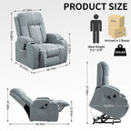 Power Lift Recliner - 8-Point Massage, Lumbar Heat, USB Port, Cup Holders, 155° Recline, 39.76"L x 35.82"W