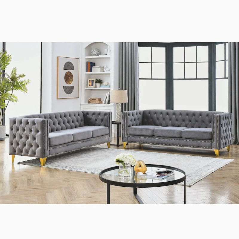 Velvet Sofa - 67"W, 3 Seats, Tufted Buttons, Square Arms, Nailhead Trim, Metal Legs, 250 lbs/Seat, Gray/Beige, Modern