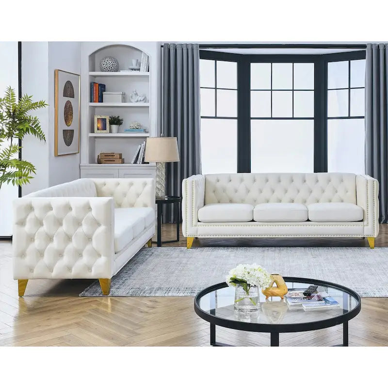 Velvet Sofa - 67"W, 3 Seats, Tufted Buttons, Square Arms, Nailhead Trim, Metal Legs, 250 lbs/Seat, Gray/Beige, Modern