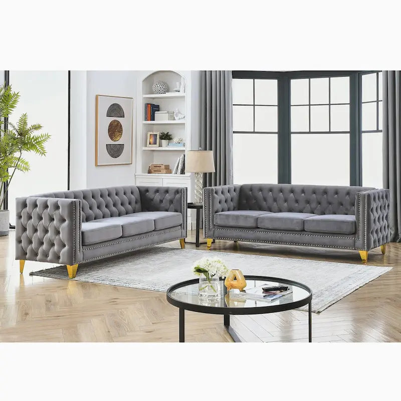 Velvet Sofa for Living Room,Buttons Tufted Square Arm Couch, Modern Couch Upholstered Button and Metal Legs,2PCS