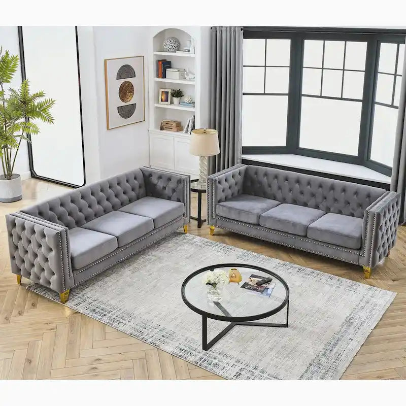 Velvet Sofa - 67"W, 3 Seats, Tufted Buttons, Square Arms, Nailhead Trim, Metal Legs, 250 lbs/Seat, Gray/Beige, Modern
