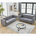 Velvet Sofa - 67"W, 3 Seats, Tufted Buttons, Square Arms, Nailhead Trim, Metal Legs, 250 lbs/Seat, Gray/Beige, Modern