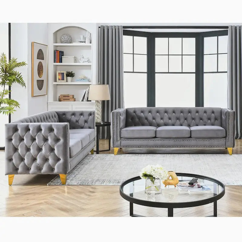 Velvet Sofa - 67"W, 3 Seats, Tufted Buttons, Square Arms, Nailhead Trim, Metal Legs, 250 lbs/Seat, Gray/Beige, Modern