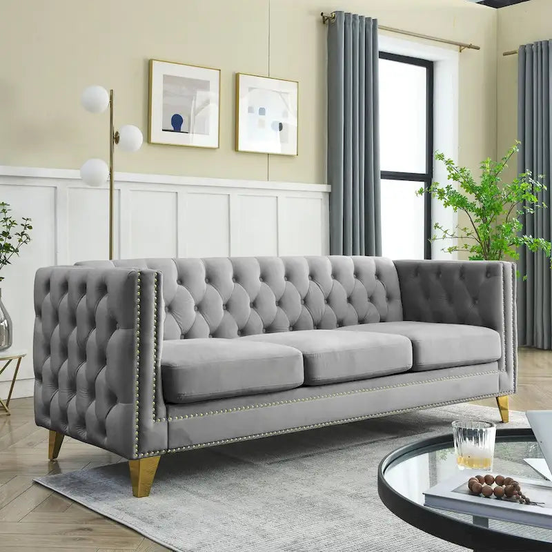 Velvet Sofa - 67"W, 3 Seats, Tufted Buttons, Square Arms, Nailhead Trim, Metal Legs, 250 lbs/Seat, Gray/Beige, Modern