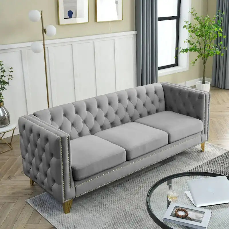 Velvet Sofa - 67"W, 3 Seats, Tufted Buttons, Square Arms, Nailhead Trim, Metal Legs, 250 lbs/Seat, Gray/Beige, Modern