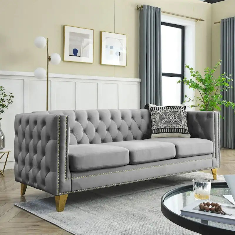 Velvet Sofa - 67"W, 3 Seats, Tufted Buttons, Square Arms, Nailhead Trim, Metal Legs, 250 lbs/Seat, Gray/Beige, Modern
