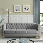 Velvet Sofa - 67"W, 3 Seats, Tufted Buttons, Square Arms, Nailhead Trim, Metal Legs, 250 lbs/Seat, Gray/Beige, Modern