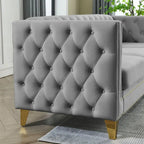 Velvet Sofa - 67"W, 3 Seats, Tufted Buttons, Square Arms, Nailhead Trim, Metal Legs, 250 lbs/Seat, Gray/Beige, Modern