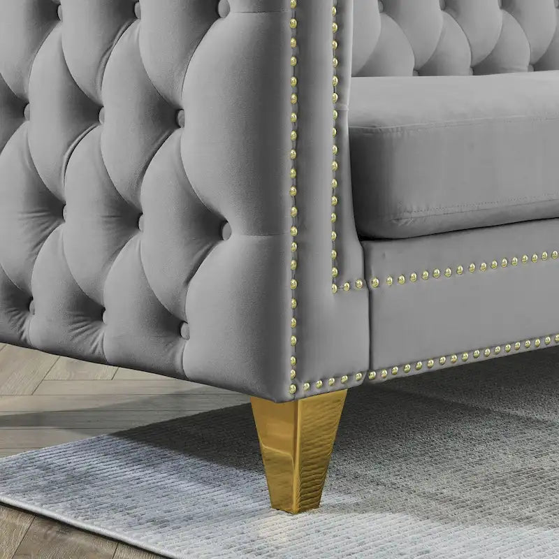 Velvet Sofa - 67"W, 3 Seats, Tufted Buttons, Square Arms, Nailhead Trim, Metal Legs, 250 lbs/Seat, Gray/Beige, Modern