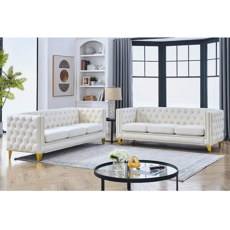 Velvet Sofa - 67"W, 3 Seats, Tufted Buttons, Square Arms, Nailhead Trim, Metal Legs, 250 lbs/Seat, Gray/Beige, Modern