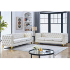 Velvet Sofa - 67"W, 3 Seats, Tufted Buttons, Square Arms, Nailhead Trim, Metal Legs, 250 lbs/Seat, Gray/Beige, Modern