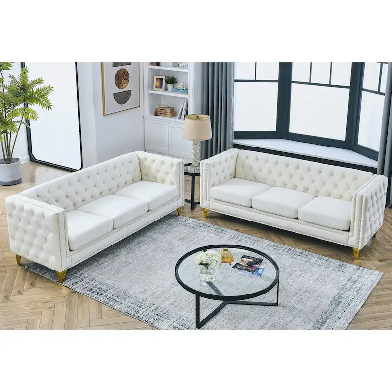 Velvet Sofa - 67"W, 3 Seats, Tufted Buttons, Square Arms, Nailhead Trim, Metal Legs, 250 lbs/Seat, Gray/Beige, Modern