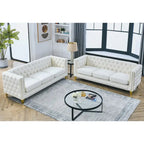 Velvet Sofa - 67"W, 3 Seats, Tufted Buttons, Square Arms, Nailhead Trim, Metal Legs, 250 lbs/Seat, Gray/Beige, Modern