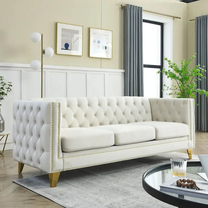 Velvet Sofa - 67"W, 3 Seats, Tufted Buttons, Square Arms, Nailhead Trim, Metal Legs, 250 lbs/Seat, Gray/Beige, Modern