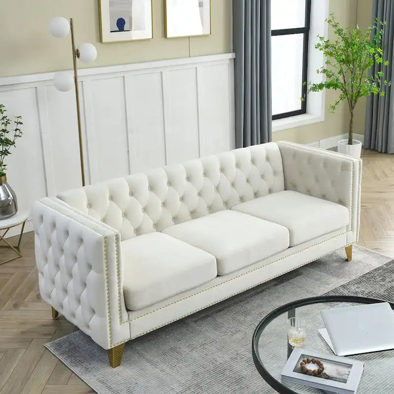 Velvet Sofa - 67"W, 3 Seats, Tufted Buttons, Square Arms, Nailhead Trim, Metal Legs, 250 lbs/Seat, Gray/Beige, Modern