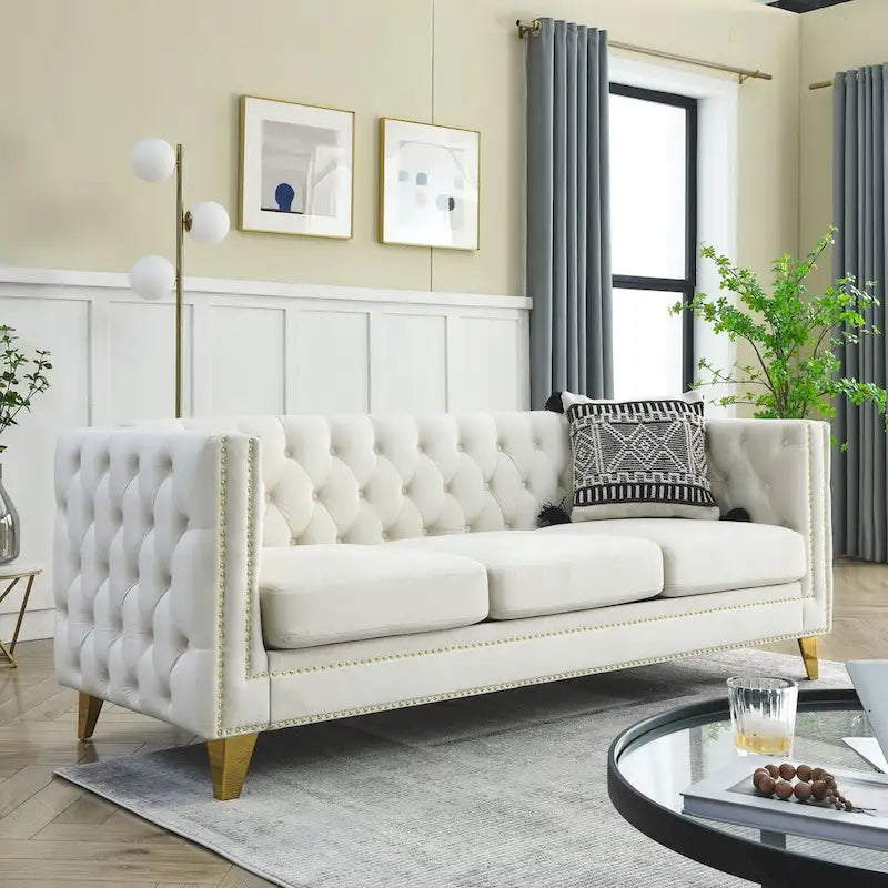 Velvet Sofa - 67"W, 3 Seats, Tufted Buttons, Square Arms, Nailhead Trim, Metal Legs, 250 lbs/Seat, Gray/Beige, Modern