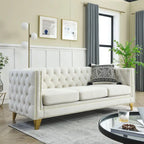 Velvet Sofa - 67"W, 3 Seats, Tufted Buttons, Square Arms, Nailhead Trim, Metal Legs, 250 lbs/Seat, Gray/Beige, Modern