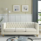 Velvet Sofa - 67"W, 3 Seats, Tufted Buttons, Square Arms, Nailhead Trim, Metal Legs, 250 lbs/Seat, Gray/Beige, Modern