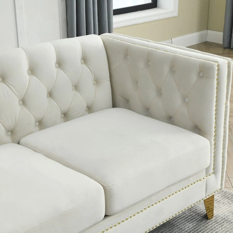 Velvet Sofa - 67"W, 3 Seats, Tufted Buttons, Square Arms, Nailhead Trim, Metal Legs, 250 lbs/Seat, Gray/Beige, Modern