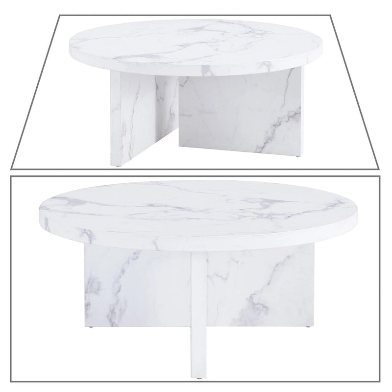 Round Coffee Table - 31.41"W x 13.71"H, Faux Marble Top, Wood Legs, Modern, Easy Assembly, 3 Colors, Contemporary