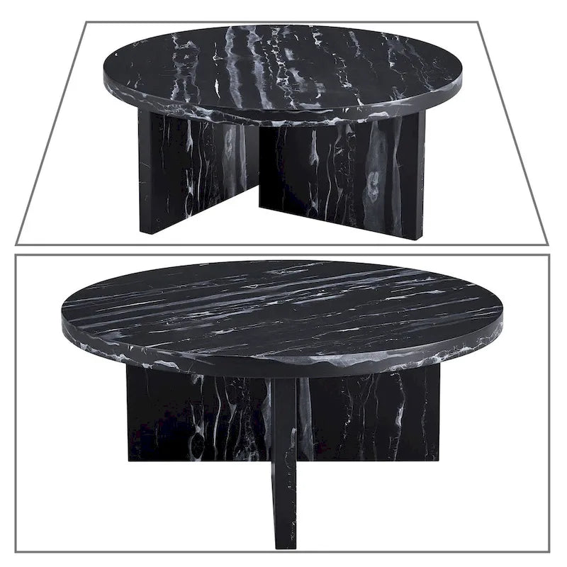 Round Coffee Table - 31.41"W x 13.71"H, Faux Marble Top, Wood Legs, Modern, Easy Assembly, 3 Colors, Contemporary