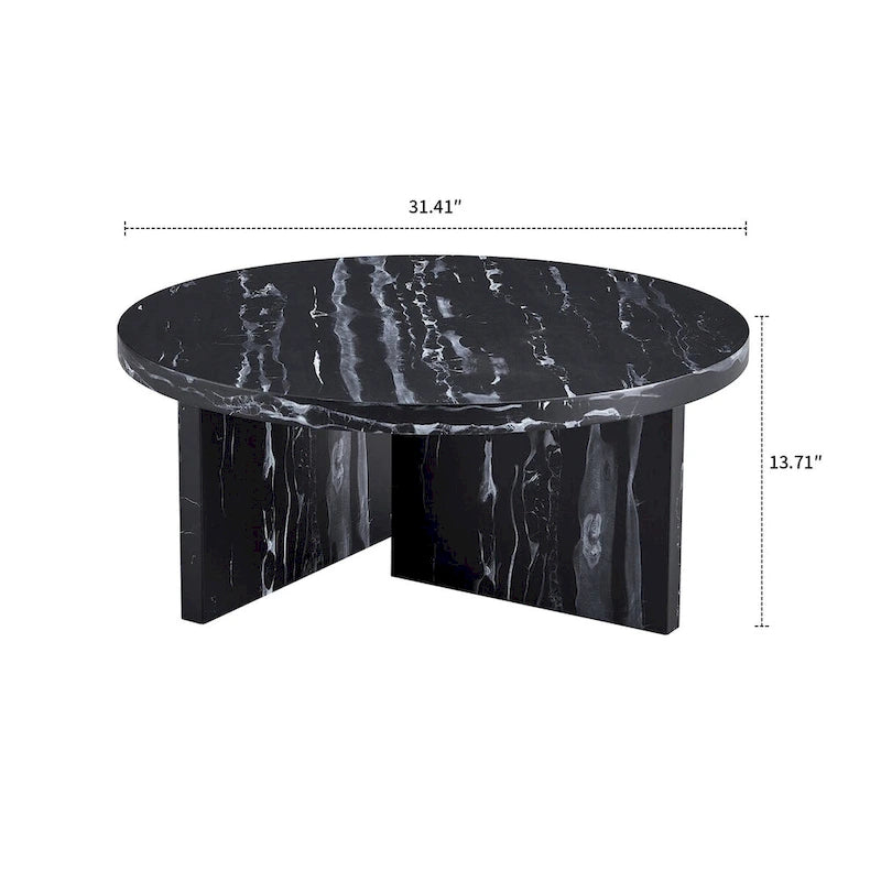 Round Coffee Table - 31.41"W x 13.71"H, Faux Marble Top, Wood Legs, Modern, Easy Assembly, 3 Colors, Contemporary