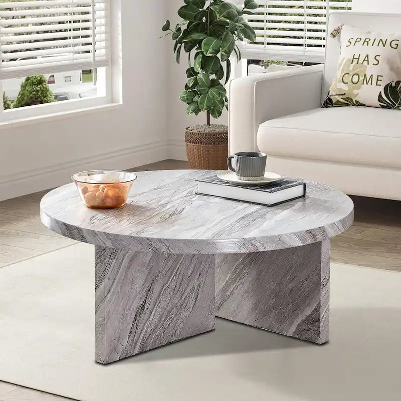 Round Coffee Table - 31.41"W x 13.71"H, Faux Marble Top, Wood Legs, Modern, Easy Assembly, 3 Colors, Contemporary