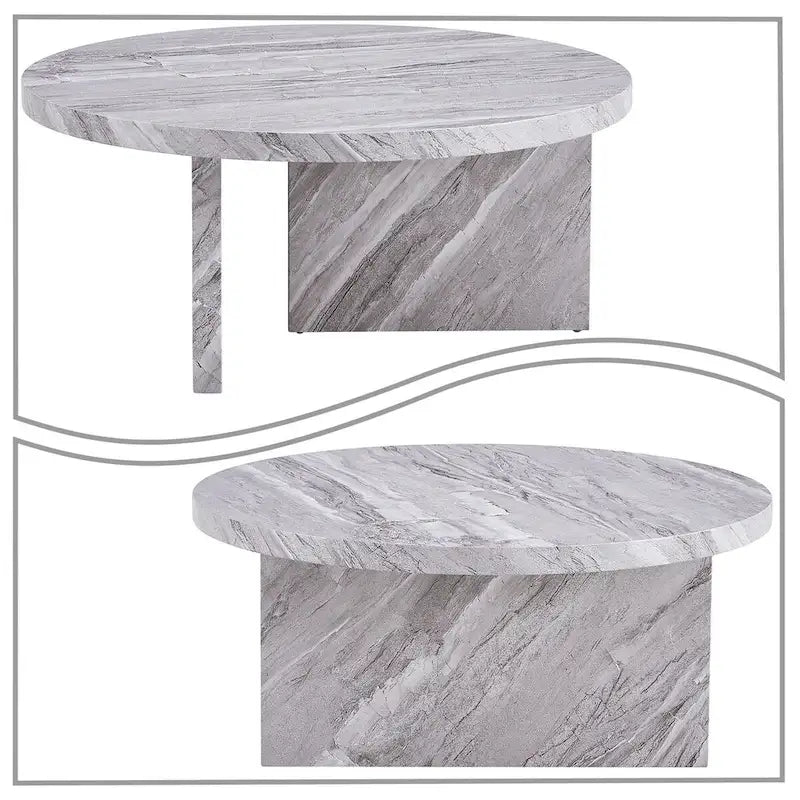 Round Coffee Table - 31.41"W x 13.71"H, Faux Marble Top, Wood Legs, Modern, Easy Assembly, 3 Colors, Contemporary