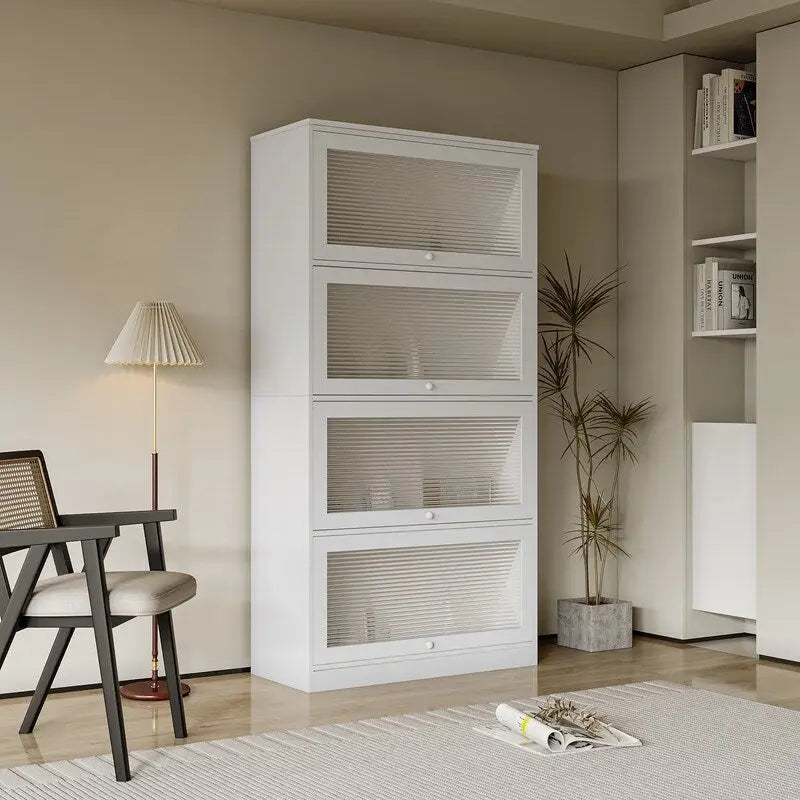Storage Cabinet - Glass Doors, 4 Shelves, Dustproof, Flip-Up Doors, 13.98"H Door, Brown/White, Modern Office