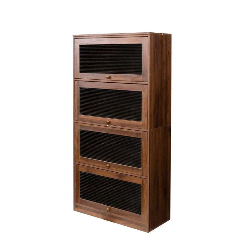 Storage Cabinet - Glass Doors, 4 Shelves, Dustproof, Flip-Up Doors, 13.98"H Door, Brown/White, Modern Office