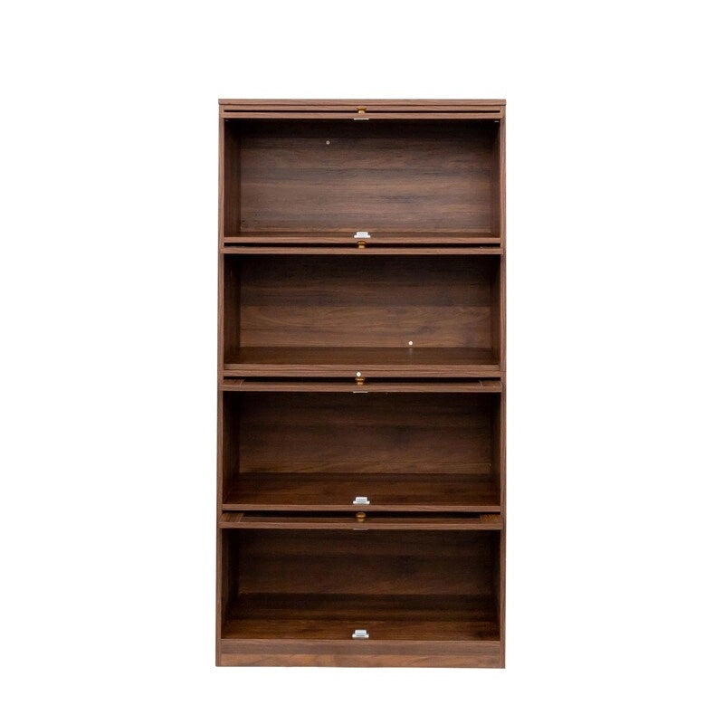 Storage Cabinet - Glass Doors, 4 Shelves, Dustproof, Flip-Up Doors, 13.98"H Door, Brown/White, Modern Office