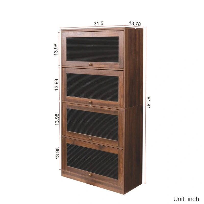 Storage Cabinet - Glass Doors, 4 Shelves, Dustproof, Flip-Up Doors, 13.98"H Door, Brown/White, Modern Office