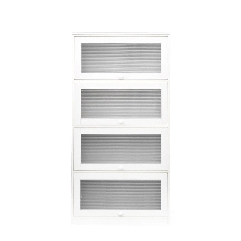Storage Cabinet - Glass Doors, 4 Shelves, Dustproof, Flip-Up Doors, 13.98"H Door, Brown/White, Modern Office