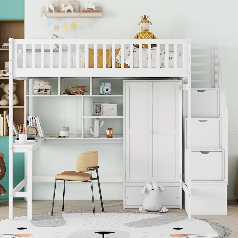 Loft Bed - Full Size, 94.4"L x 57"W x 72"H, Wardrobe/Desk/Bookshelf/Drawers, Pine/MDF, Stairway, 3 Colors