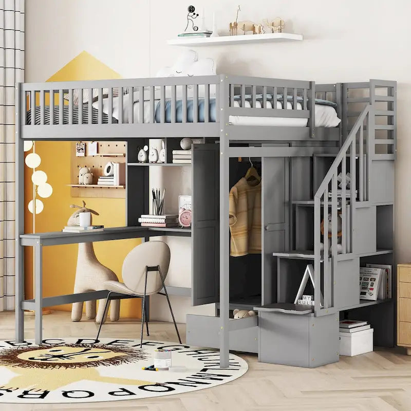 Loft Bed - Full Size, 94.4"L x 57"W x 72"H, Wardrobe/Desk/Bookshelf/Drawers, Pine/MDF, Stairway, 3 Colors