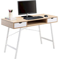 Writing Desk with Drawers - Mid-Century Modern, Melamine Desktop, Steel Frame, Handle-Free Design, Oak/White, Home Office