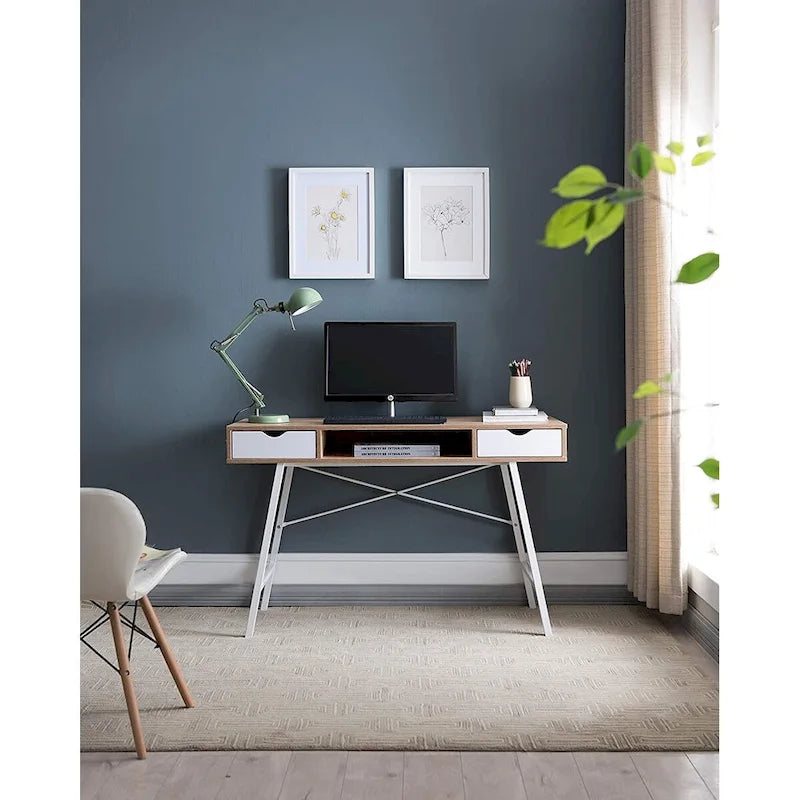 Writing Desk with Drawers - Mid-Century Modern, Melamine Desktop, Steel Frame, Handle-Free Design, Oak/White, Home Office