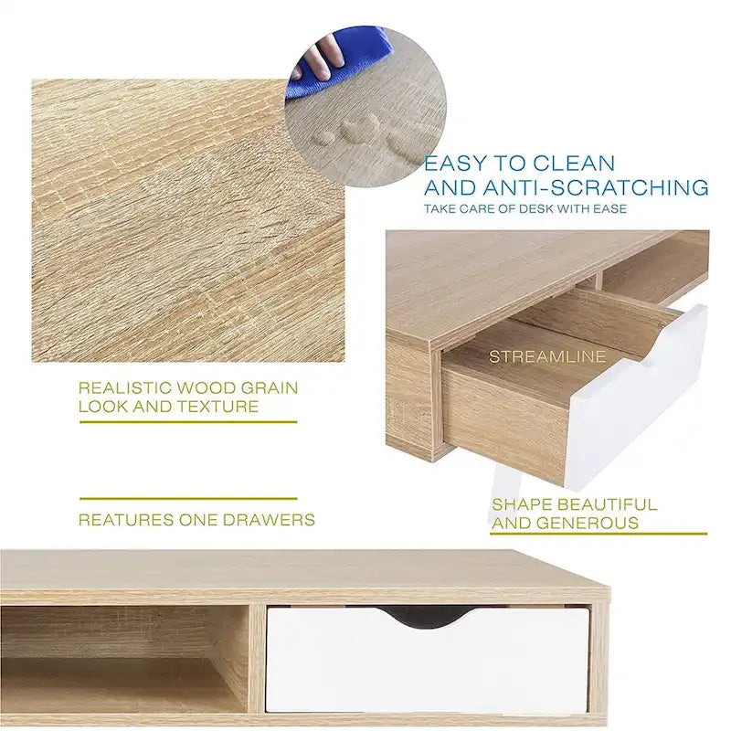 Writing Desk with Drawers - Mid-Century Modern, Melamine Desktop, Steel Frame, Handle-Free Design, Oak/White, Home Office