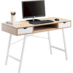 Writing Desk with Drawers - Mid-Century Modern, Melamine Desktop, Steel Frame, Handle-Free Design, Oak/White, Home Office