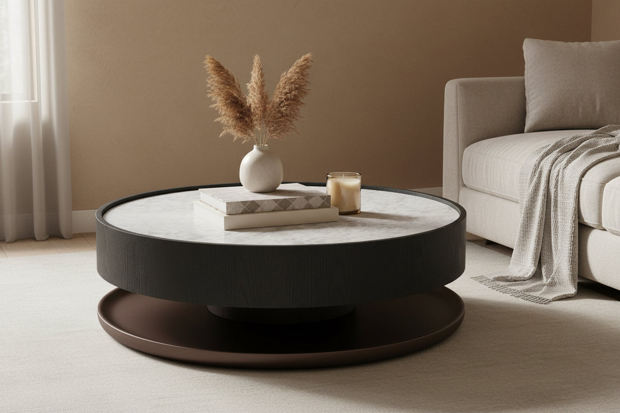 Modrest Miranda Modern Ceramic + Black Oak Round Coffee Table