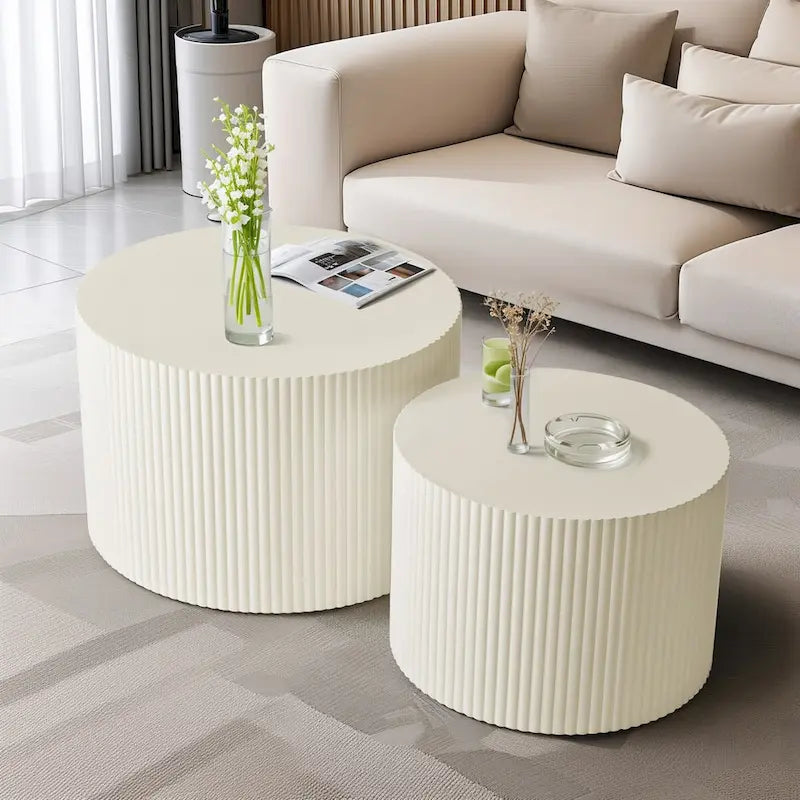 Nesting Coffee Tables - Wave Stripe, MDF, 110 lbs Capacity, No Assembly, Beige, Contemporary, Living Room, 2 Tables