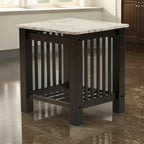 Moen 21 Inch Side End Table, White Faux Marble, Bottom Shelf, Black Wood