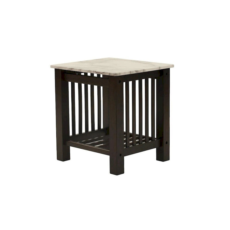 Side End Table - 21"H, White Faux Marble Top, Bottom Shelf, Solid Wood, Dark Brown Finish, Slatted Design, 18"L x 20"W