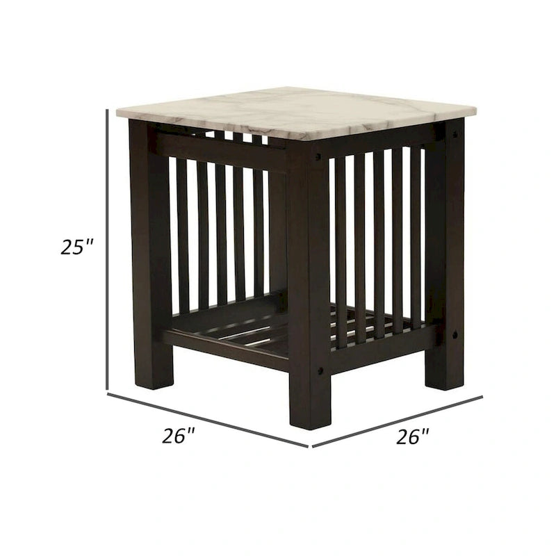 Side End Table - 21"H, White Faux Marble Top, Bottom Shelf, Solid Wood, Dark Brown Finish, Slatted Design