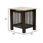 Side End Table - 21"H, White Faux Marble Top, Bottom Shelf, Solid Wood, Dark Brown Finish, Slatted Design