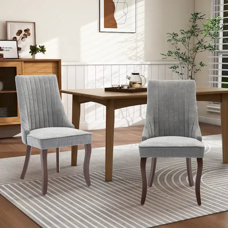 Upholstered Dining Chairs - 19.7"W x 25"D x 37.5"H, High Backrest, Foam/Springs, Solid Wood Legs, 2 Chairs, Beige/Gray